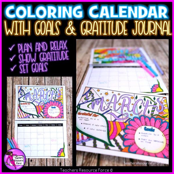 Dateless Colouring Calendar with Spaces for Goals and Gratitude