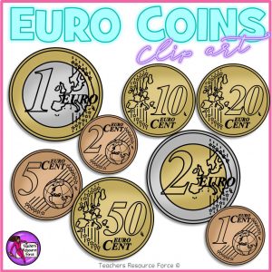 Euro Coins Clip Art: 1c, 2c, 5c, 10c, 20c, 50c, €1, €2