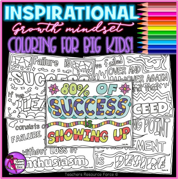Growth mindset quote colouring pages on success