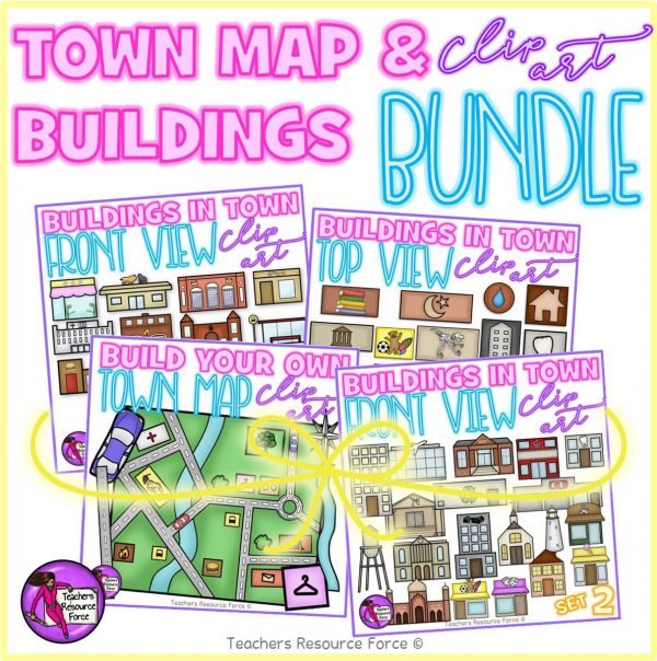 Town maps and buildings clip art bundle