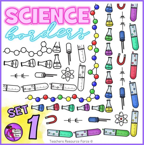 Science Borders Clip Art: Flasks, Test Tubes, Physics Symbols, Chemistry Molecules