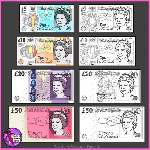 British UK Money Clip Art: £5, £10, £20 and £50 Notes