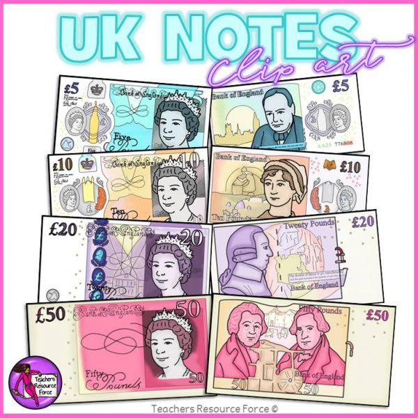 British UK Money Clip Art: £5, £10, £20 and £50 Notes