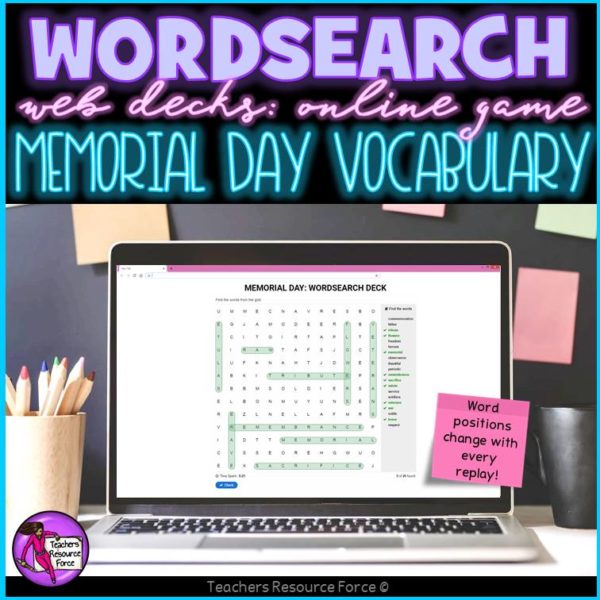 Memorial Day Vocabulary: Wordsearch Online Game