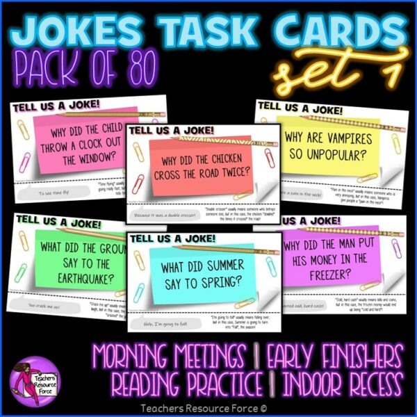 Joke Task Cards Set 1 for Morning Meeting, Indoor Recess, Early Finishers, Reading