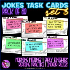 Joke Task Cards Set 3 for Morning Meeting, Indoor Recess, Early Finishers, Reading