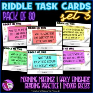 Riddles Task Cards Set Bundle for Morning Meeting, Indoor Recess, Early Finishers, Reading