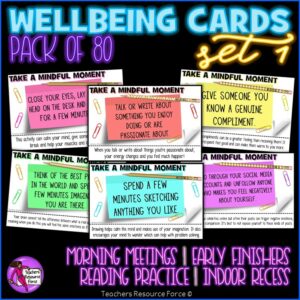 Wellbeing Cards 1 for Morning Meeting, Indoor Recess, Early Finishers, Reading