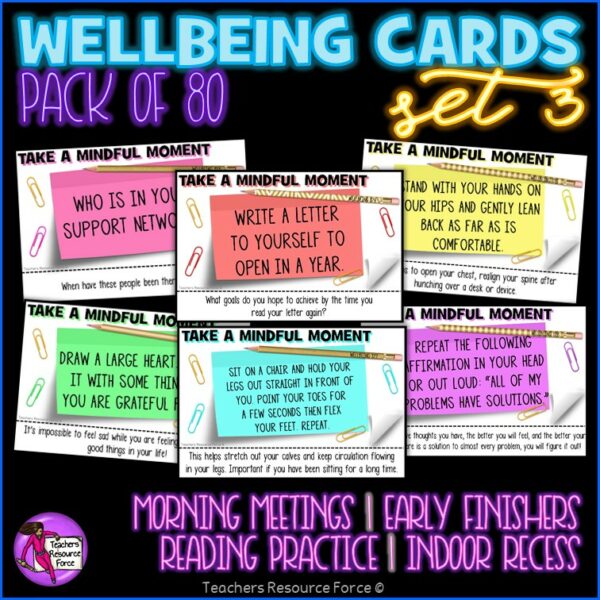 Wellbeing Cards 3 for Morning Meeting, Indoor Recess, Early Finishers, Reading