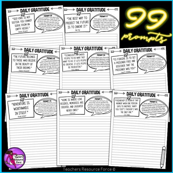 99 Gratitude Writing Prompts Journal Bell Ringers PowerPoint, SEL Thanksgiving
