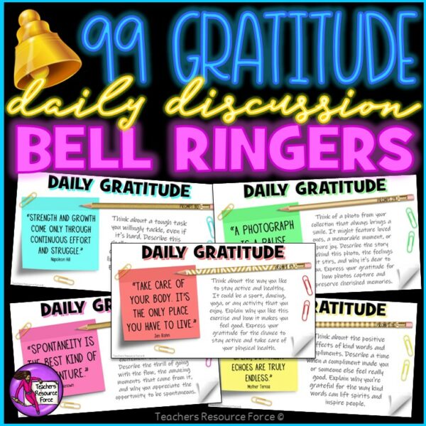 99 Gratitude Discussion Prompts Bell Ringers PowerPoint for SEL, Thanksgiving