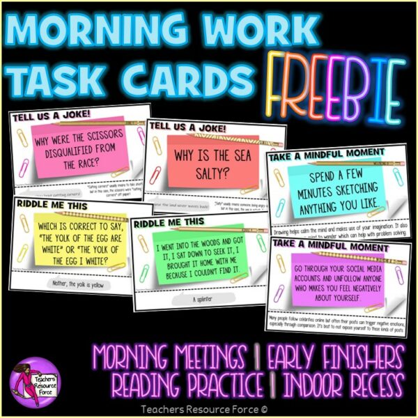 Free Morning Work Task Cards with Riddles, Jokes and Well-being